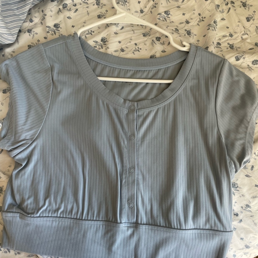 Aerie Light Blue Ribbed Blouse